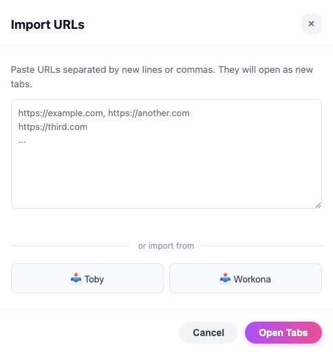 Import tabs from Toby and Workona